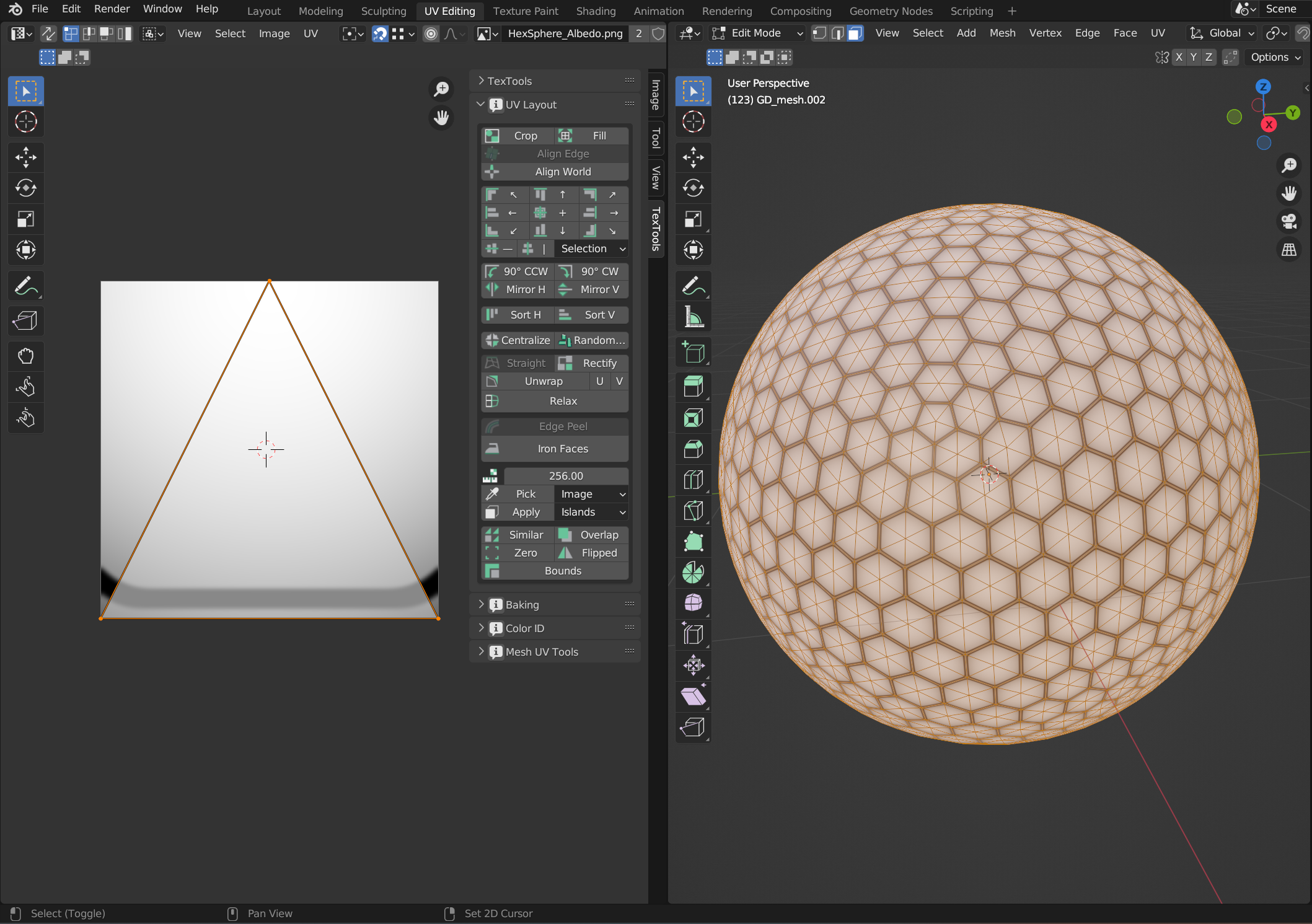 A geodesic dome with poke faces applied, and all triangles UV mapped within Blender