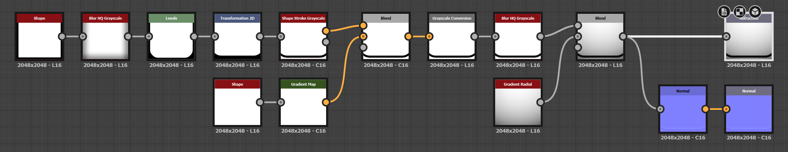 The Substance graph with resulting refraction and normal maps